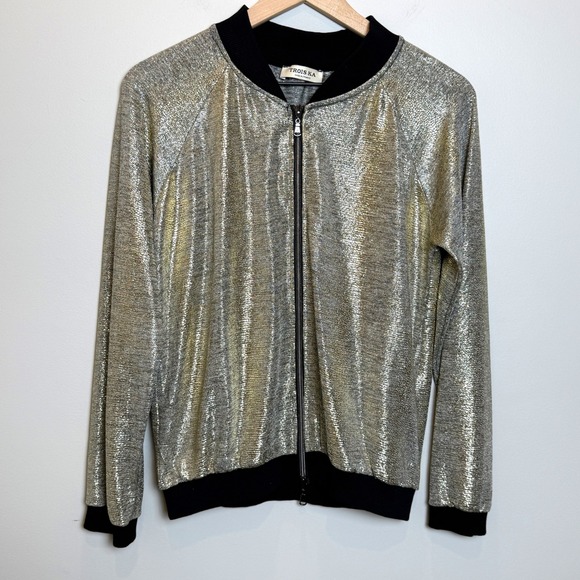 Trois Ka Jackets & Blazers - Trois Ka Womens M / L Metallic Bomber Jacket Gold Full Zip Made in France Light